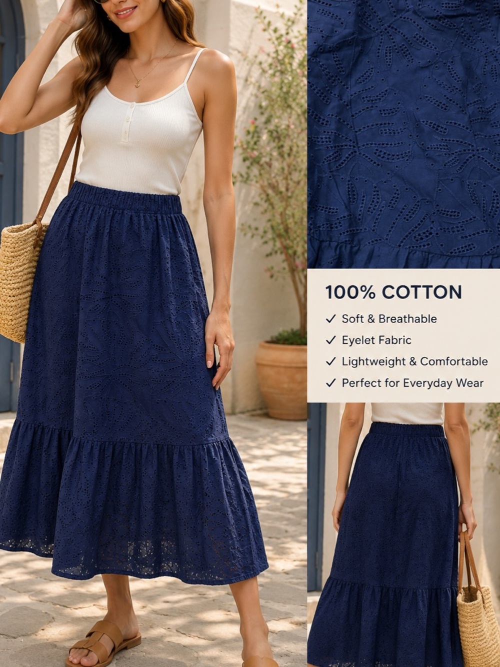 Women's Navy Eyelet Cotton Tiered Midi Skirt